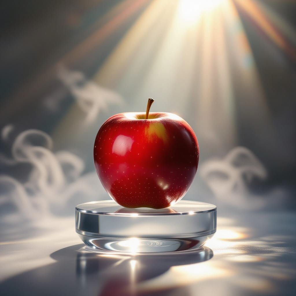 Vibrant Red Apple on Glass Pedestal with Ethereal Light Beam...