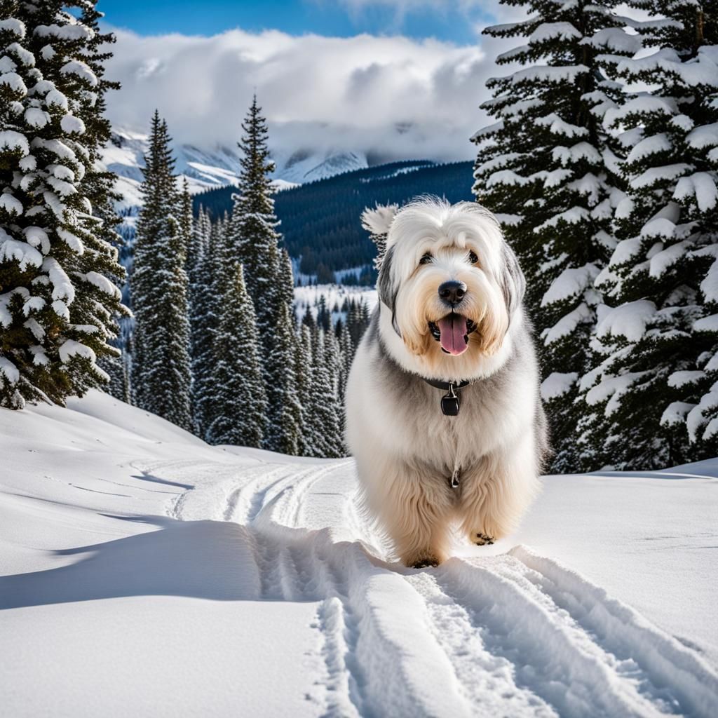 Old English Sheepdog on Ski Adventure