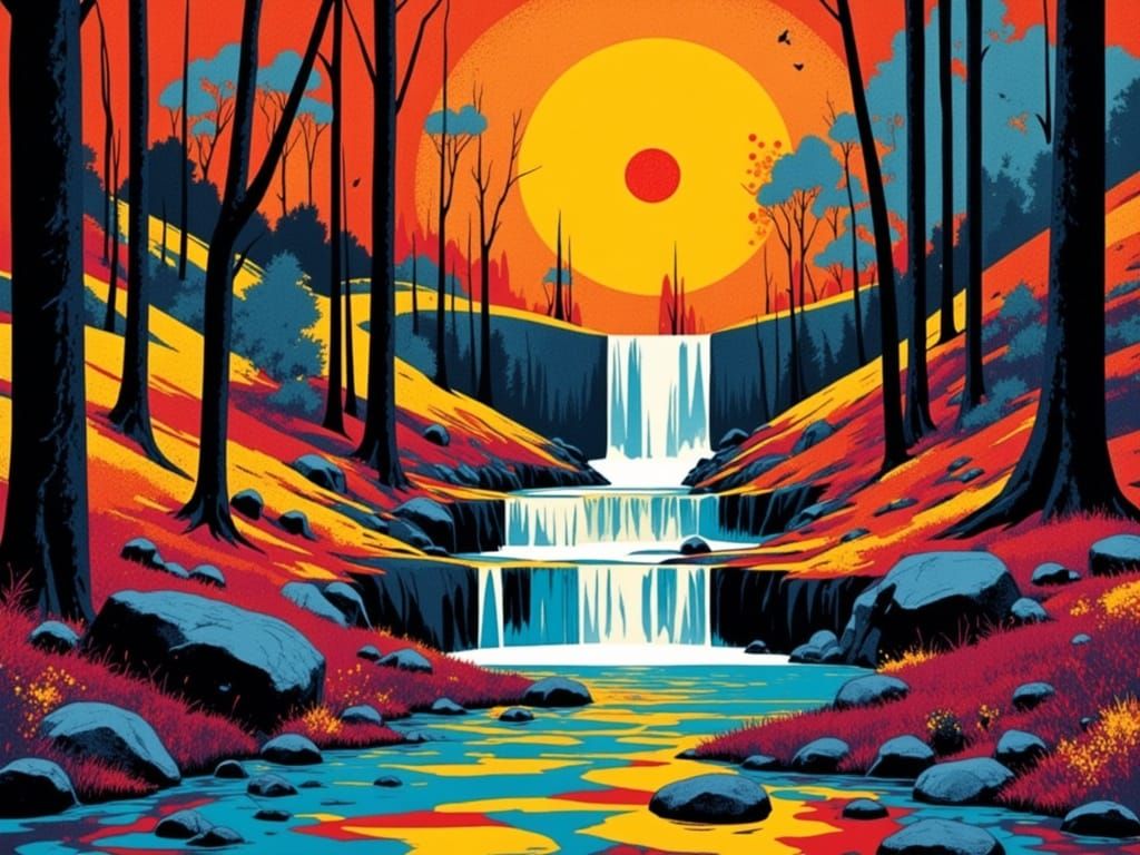 Psychedelic Pop Art Waterfall at Sunrise