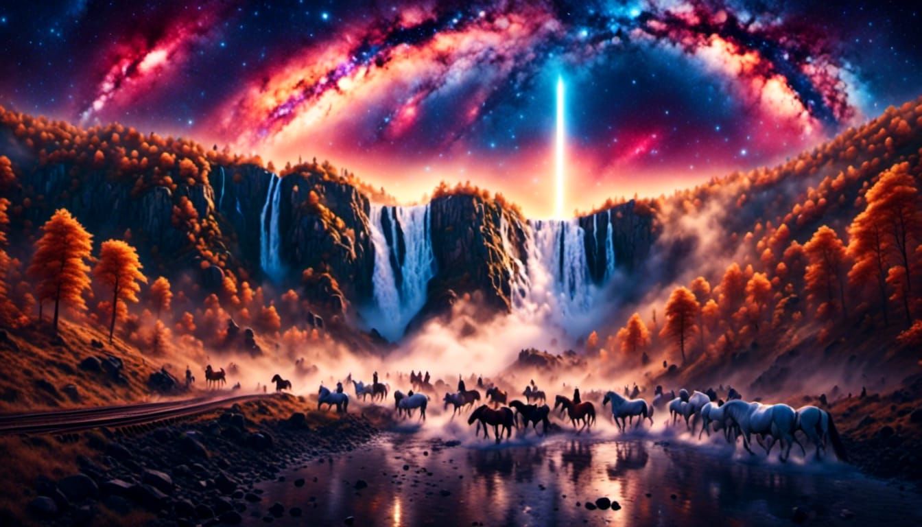 Cosmic Impressionism: Horses Galloping Across Starry River