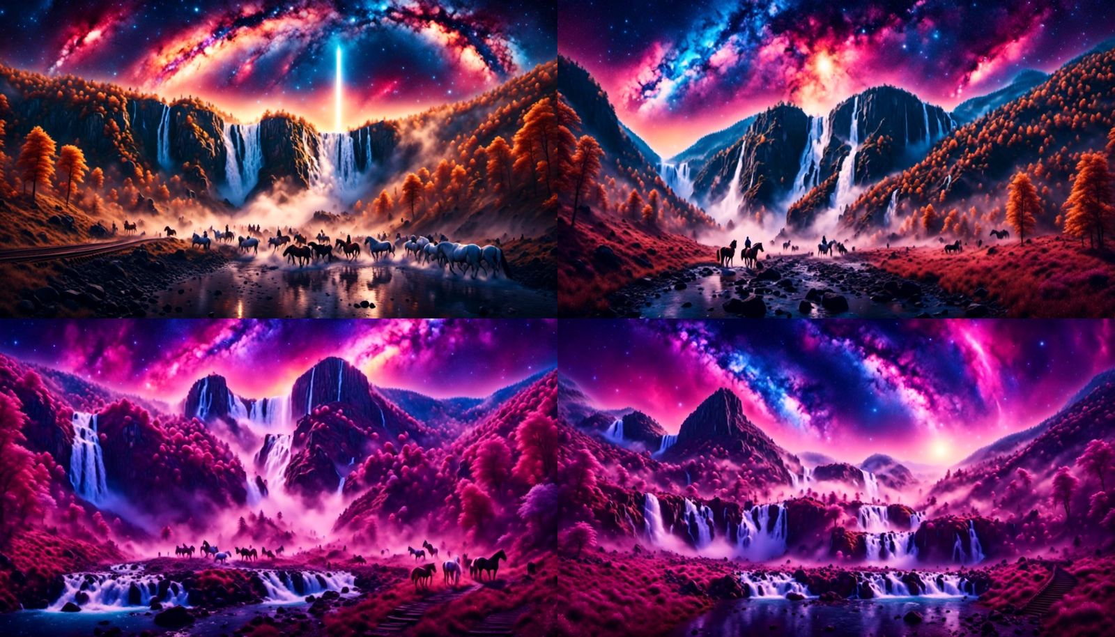 Wild Horses Galloping Across Starry Waterfall