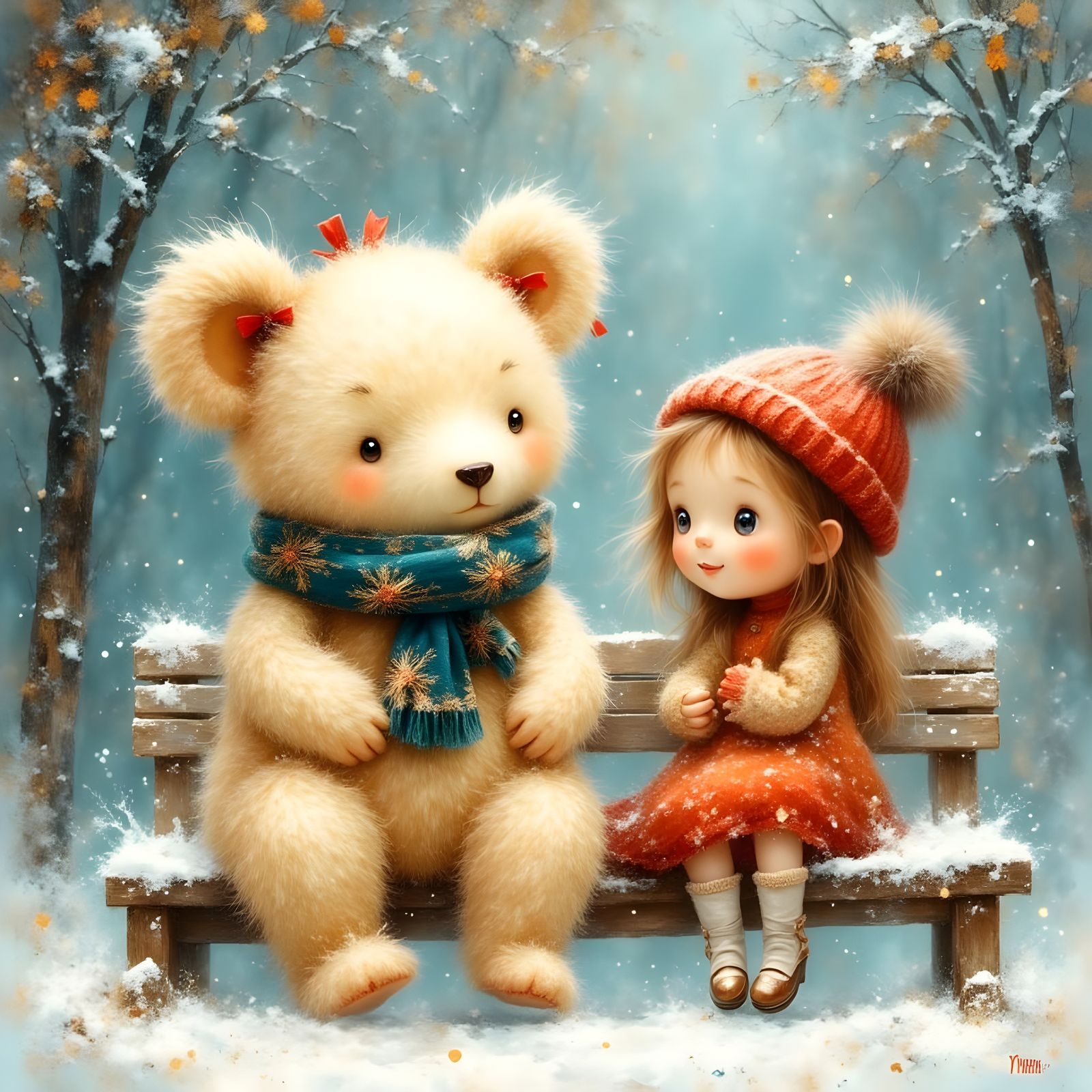Christmas Bear Sits With Girl on Snowy Bench