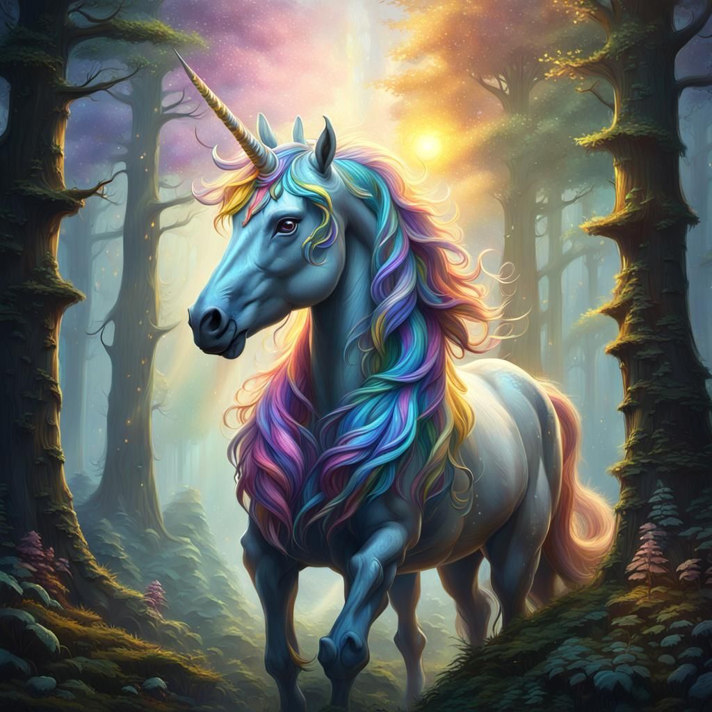 Majestic Unicorn in Mystical Forest: Oil Painting