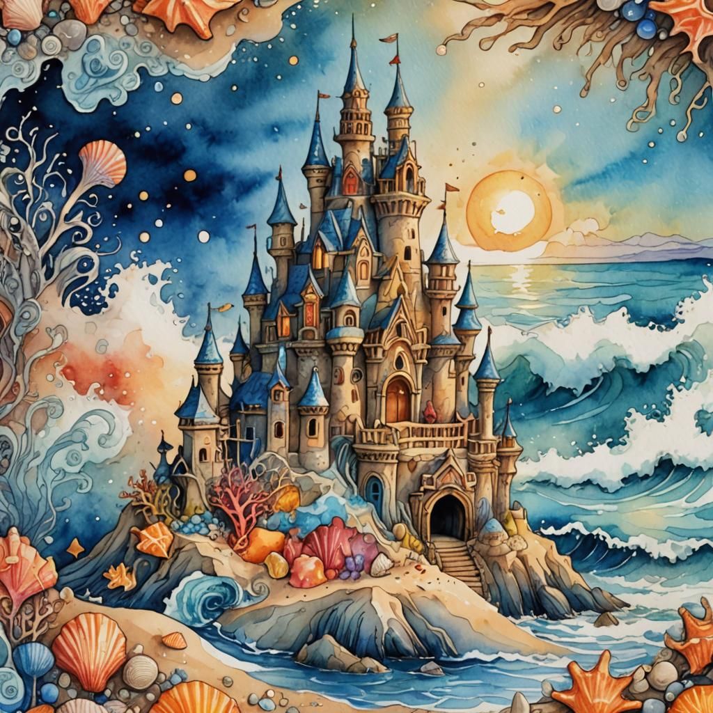 Detailed Sandcastle in Watercolor Fantasy Art Style