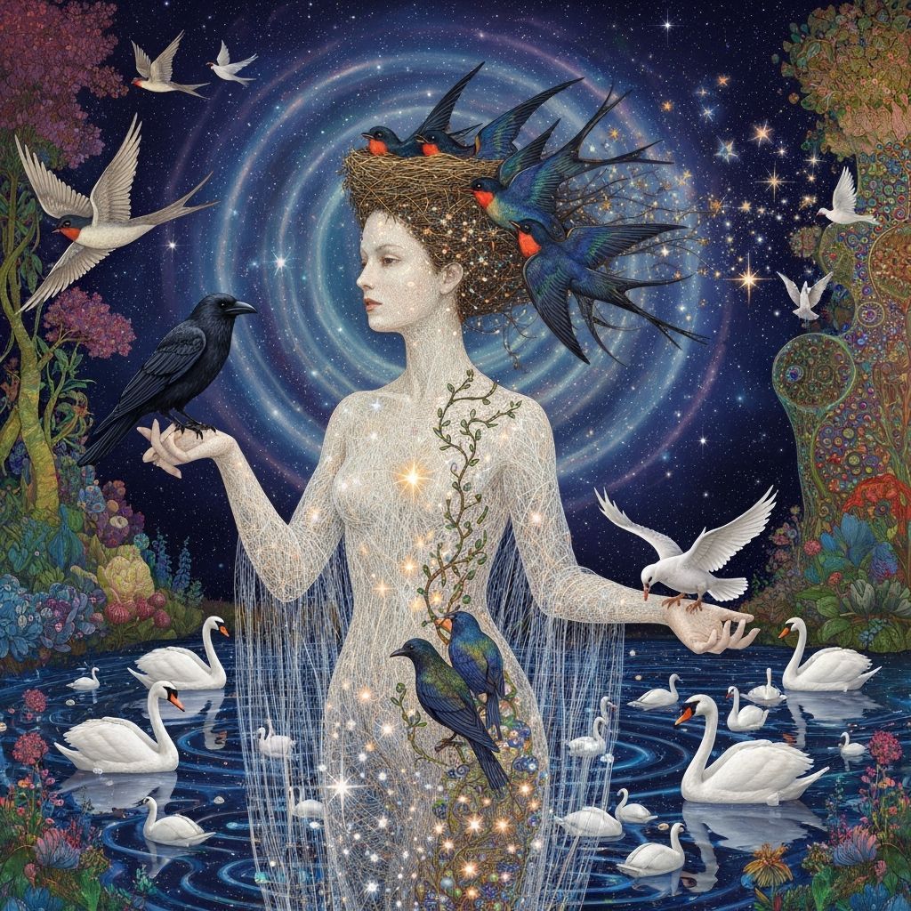 Ethereal Woman Dissolving into Birds Amidst Cosmic Energy