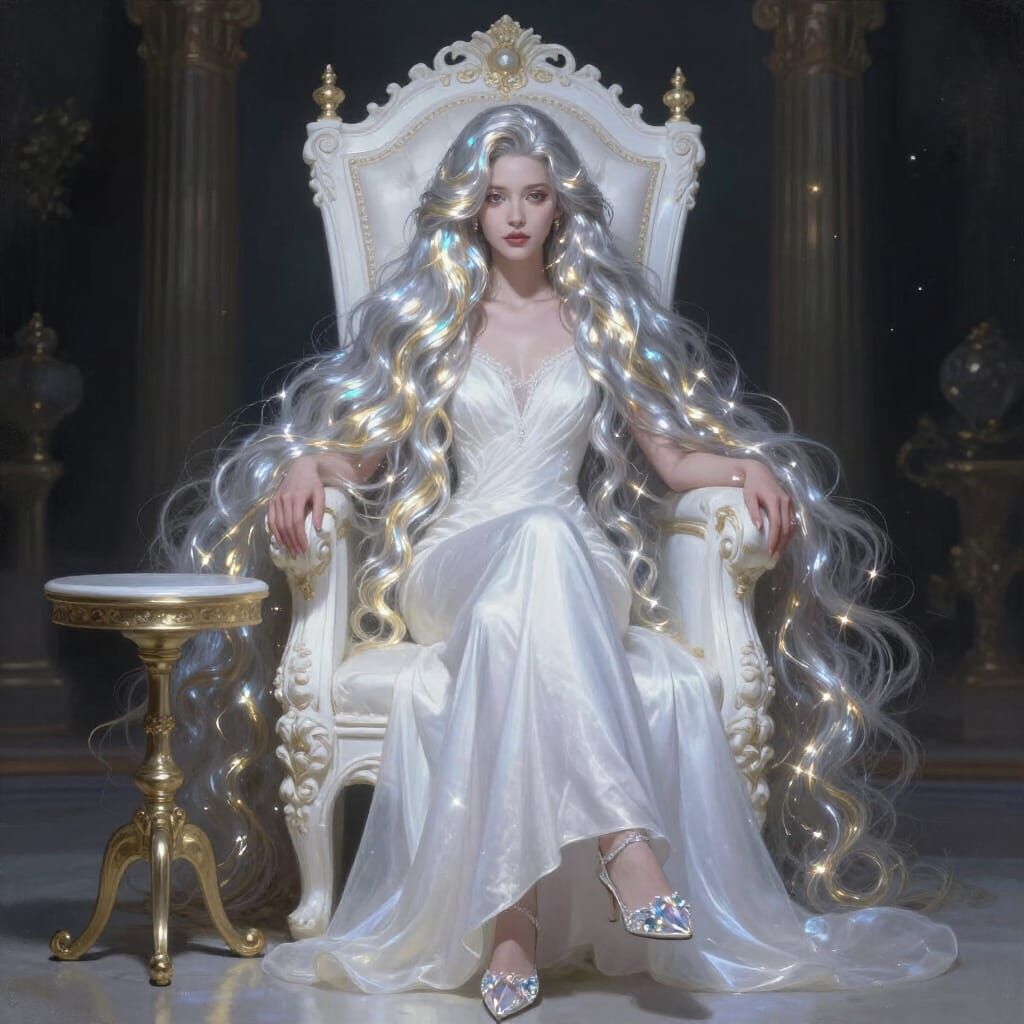 Regal Woman with Silver-Gold Hair on White Throne