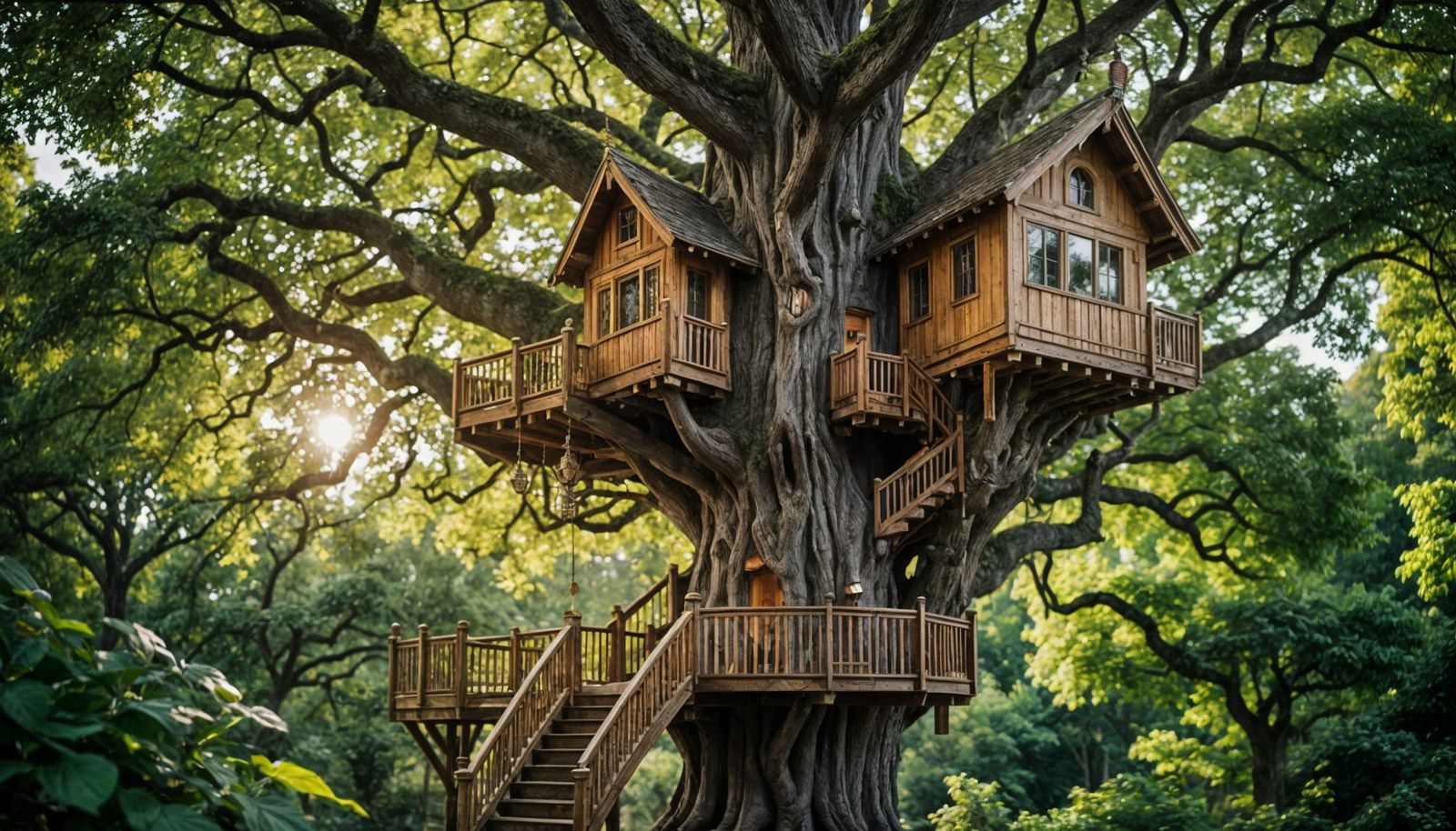 Whimsical Elven Castle Treehouse Amidst a Majestic Oak
