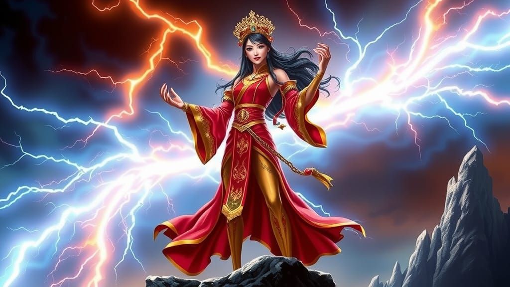 Ethereal Asian Guardian Controlling an Electric Storm