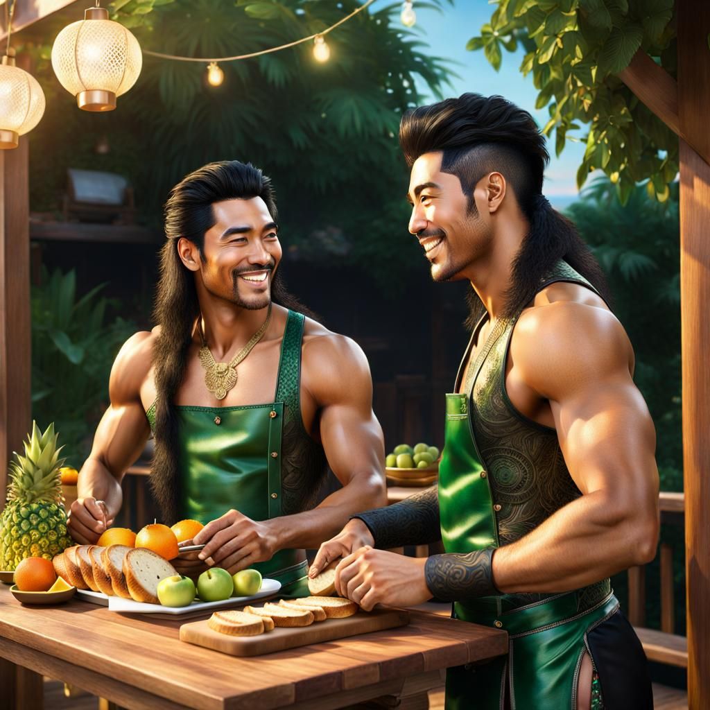 Gay Couple Cooking Together in Golden Light