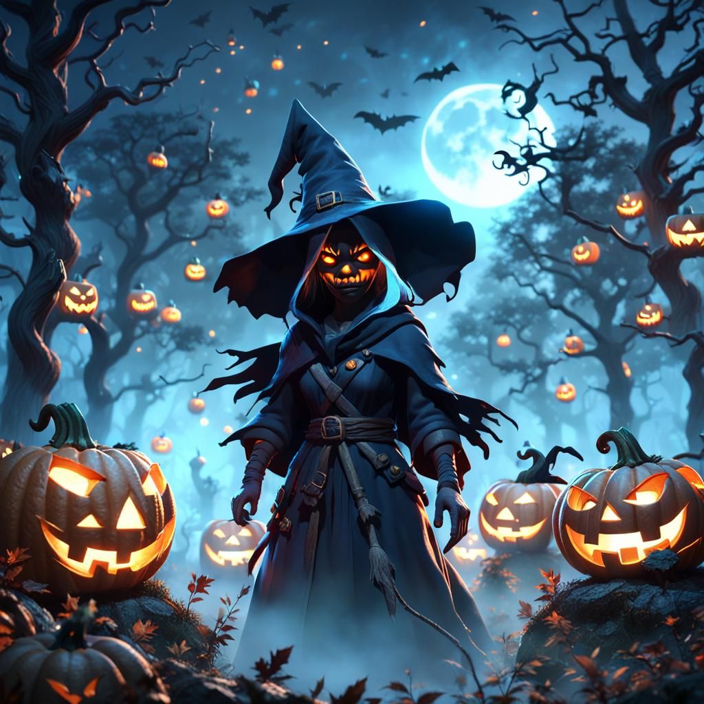 Mystical Witch in Misty Woods with Jack-o'-Lanterns