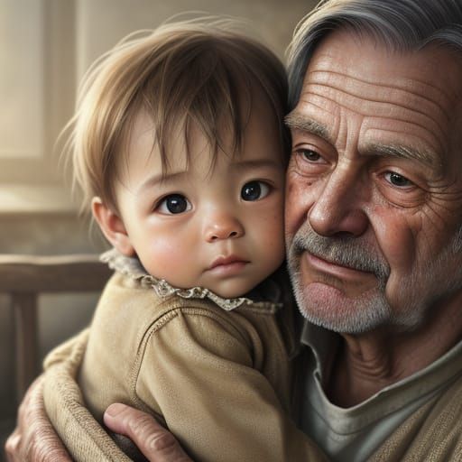 Father's Hands Hold Child: Warm Oil Painting Portrait