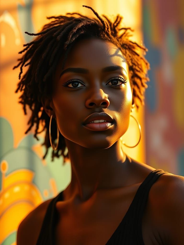 Photorealistic Portrait of Young Black Woman in Golden Hour ...