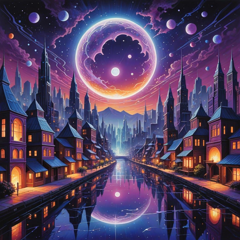 Cosmic Cityscape with Glowing Lanterns