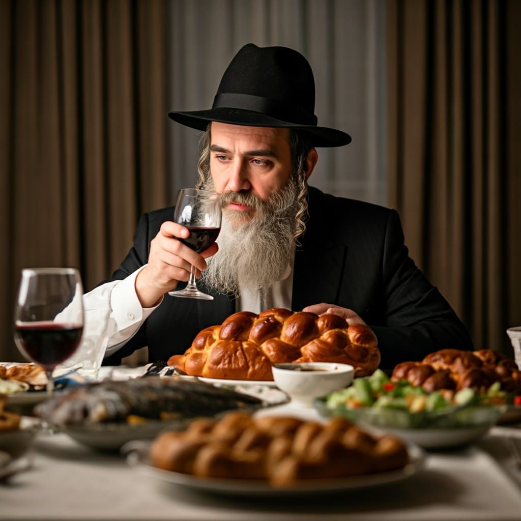 Shabbat Table Scene with Haredi Jew