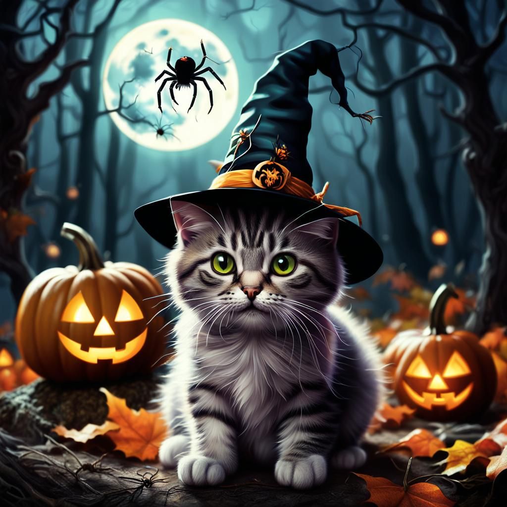 Halloween Cat in Witch Costume: Digital Illustration