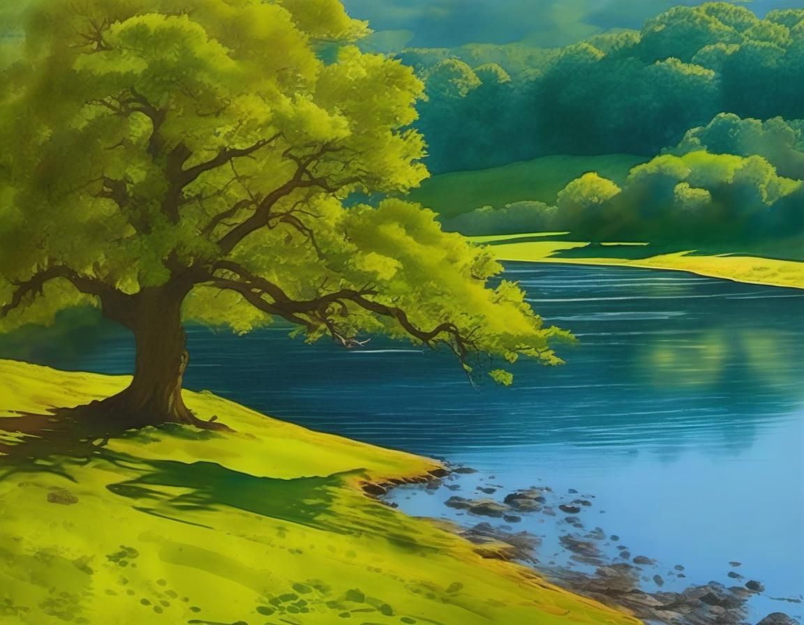 Watercolor Landscape with Spreading Oak Tree