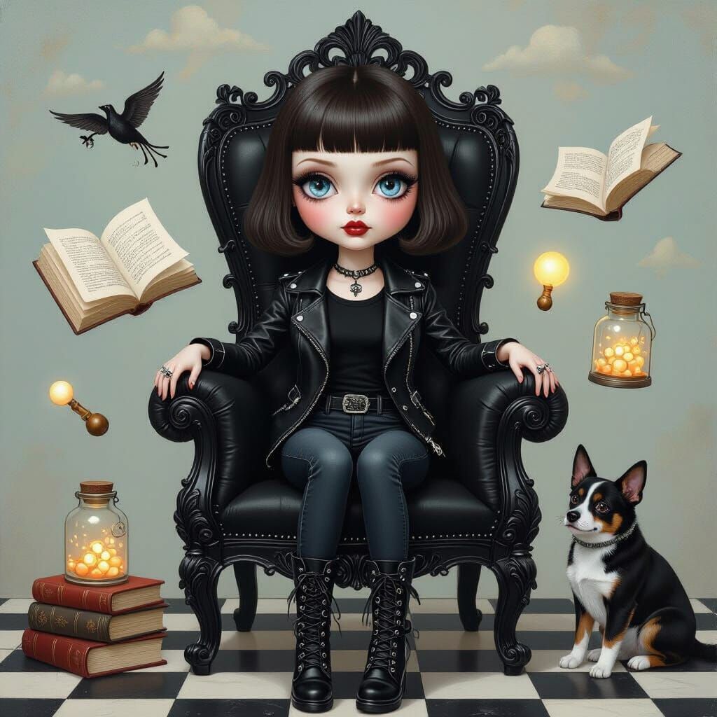Gothic Pop Surrealist Painting of Doll-Like Woman on Throne