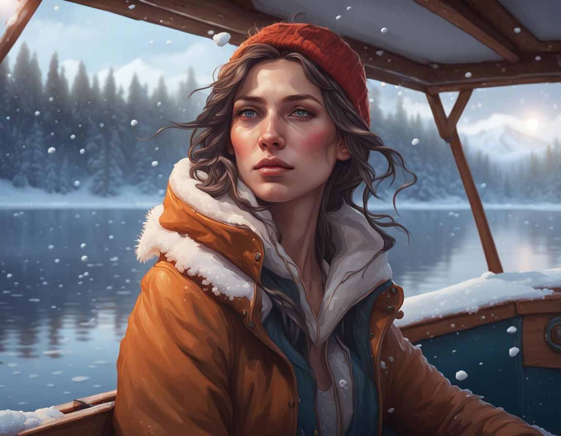Woman on Snowy Lake: Hyperdetailed Digital Portrait