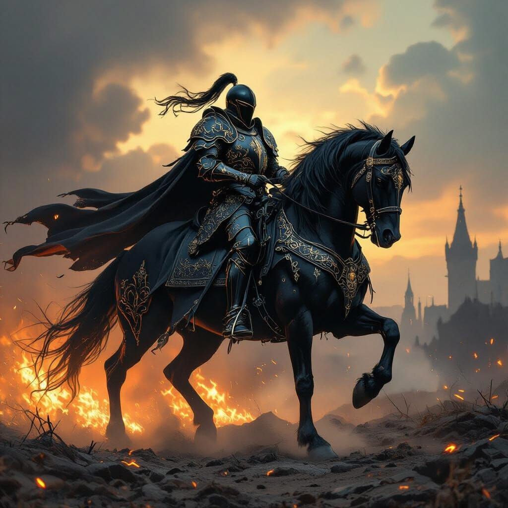 Gothic Knight on Black Warhorse Amid Battlefield