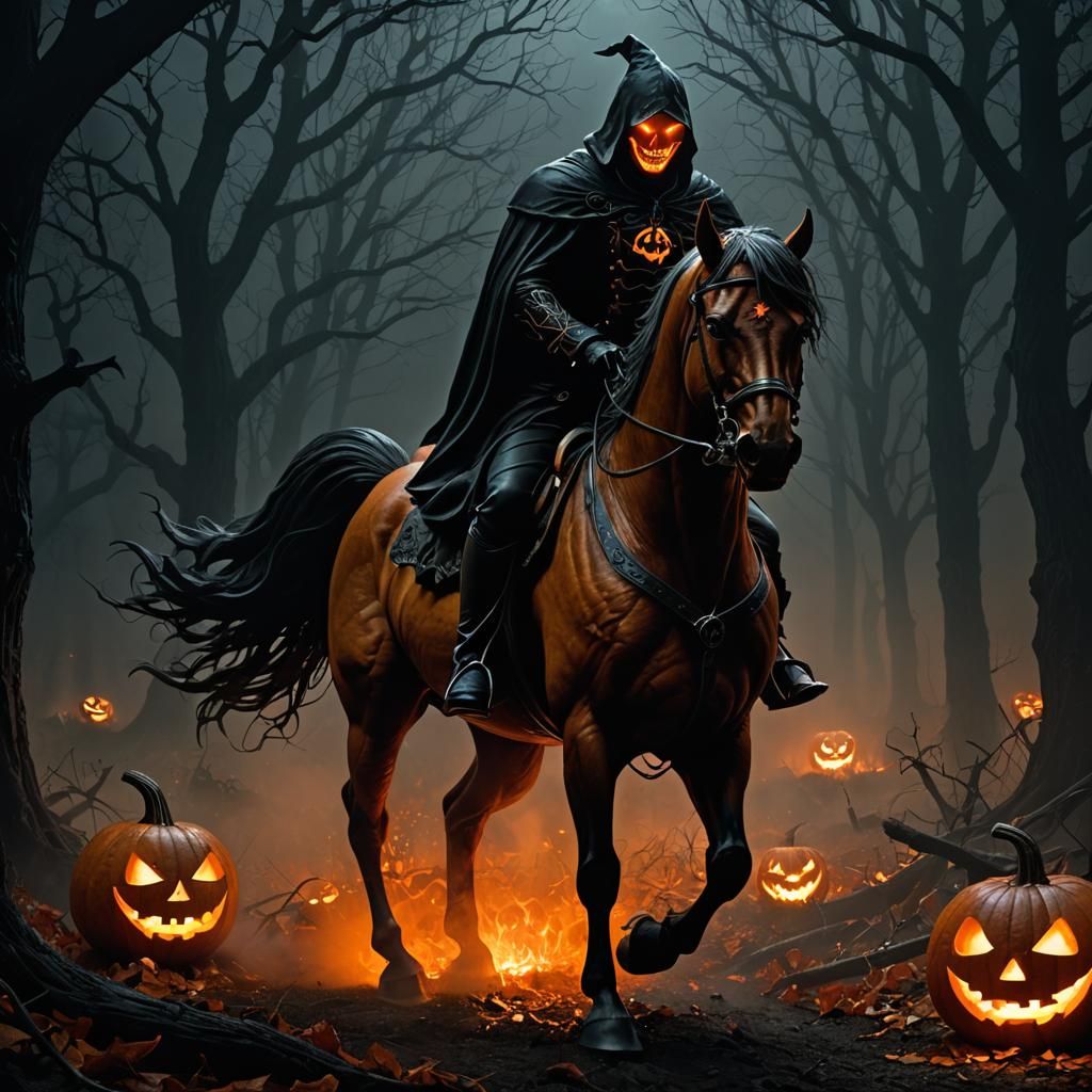 Headless Horseman with Jack-o'-Lantern Head in Dark Fantasy ...