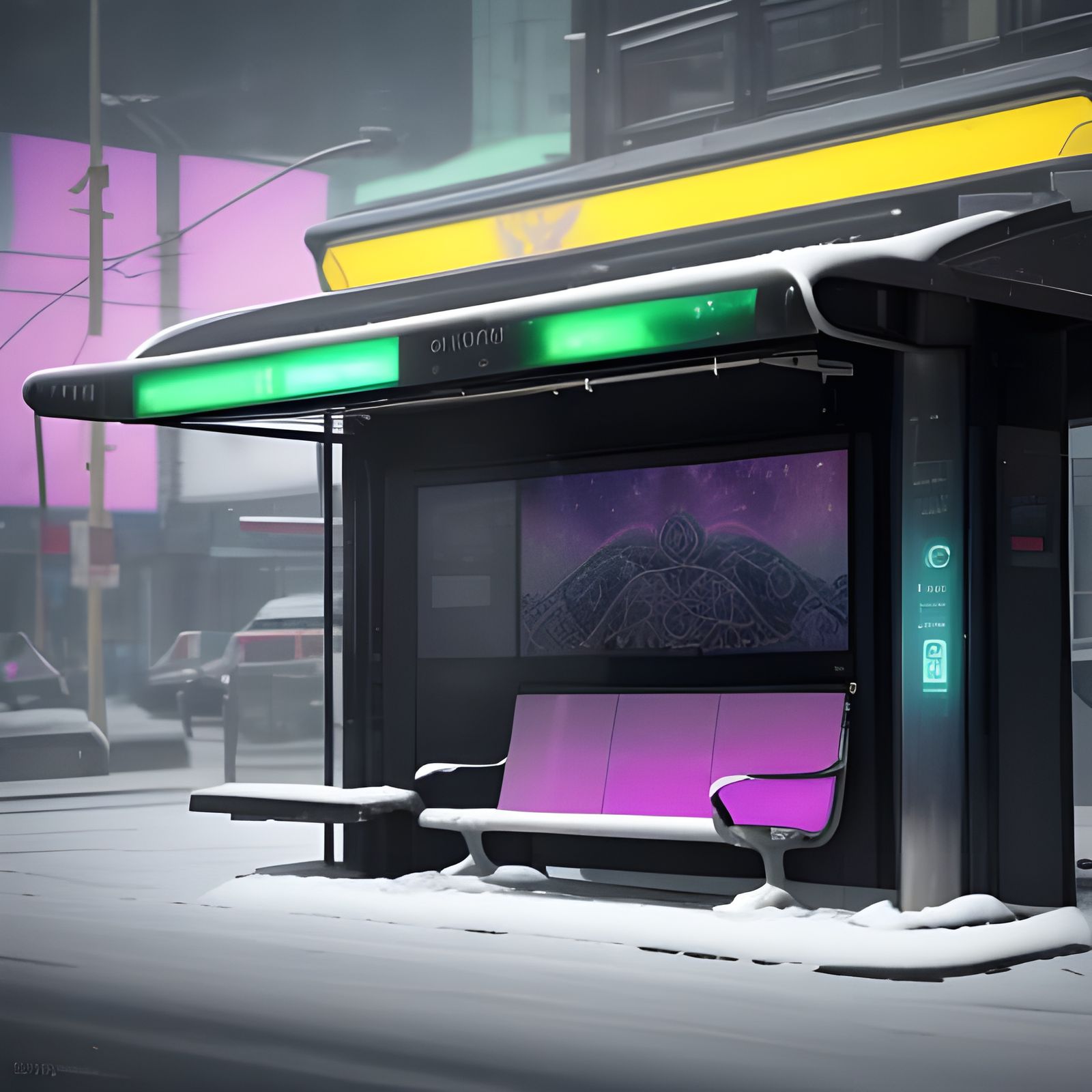 Surreal Bus Stop Scene in Vibrant Art Nouveau Style