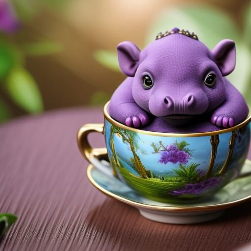 Cute Purple Hippo in Teacup: 3D Render
