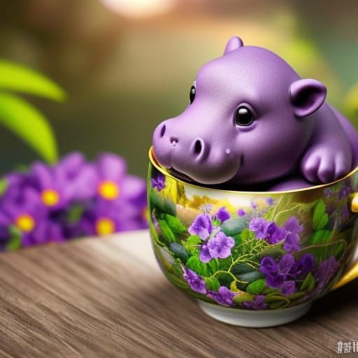 Purple Hippo in Teacup: Hyperdetailed Matte Painting