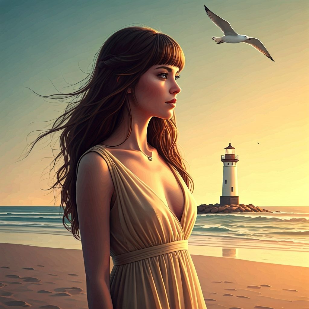 Seashore Woman Gazing at Lighthouse with Neon Lighting