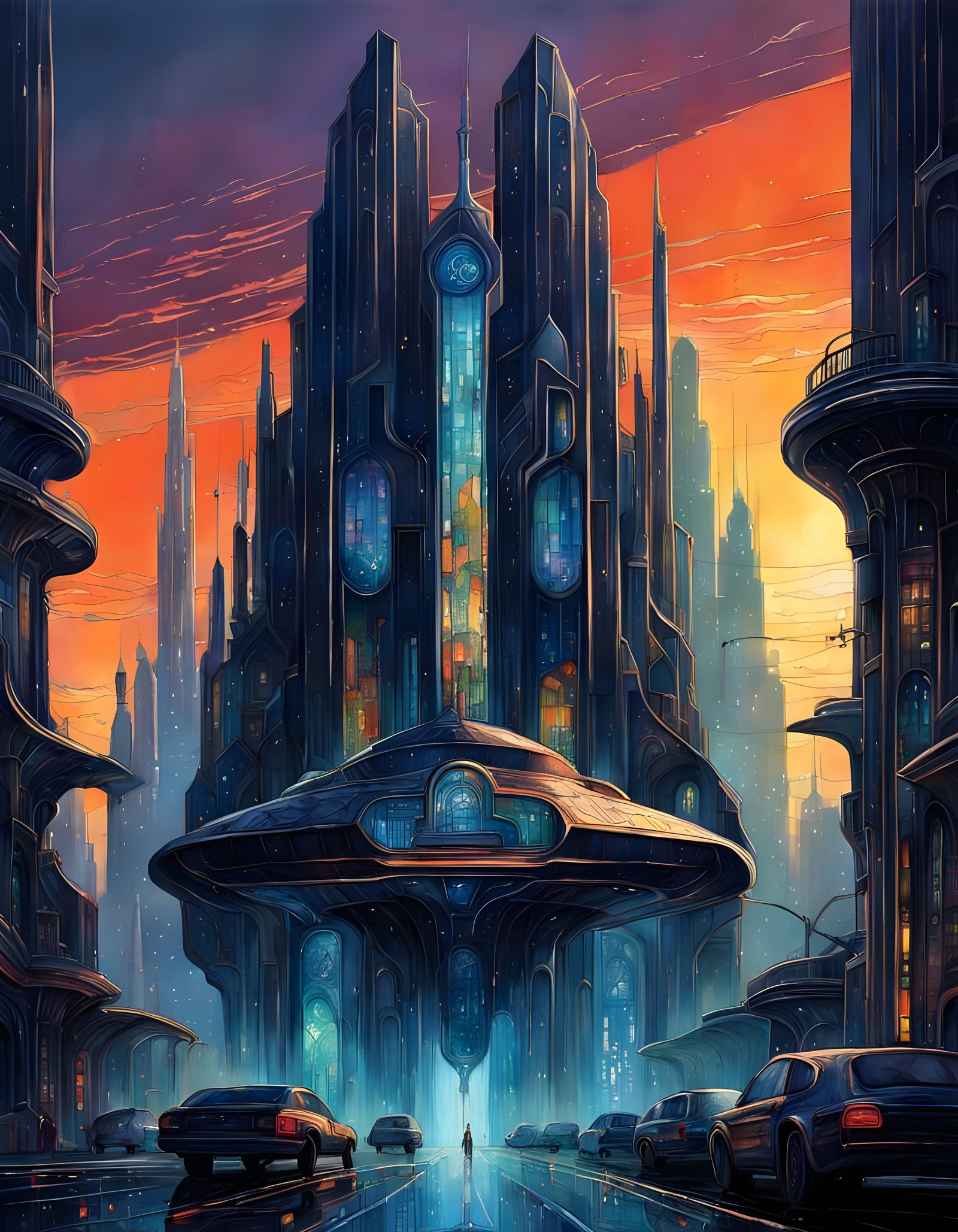 Hyperrealistic Futuristic Cityscape with Art Deco Flair