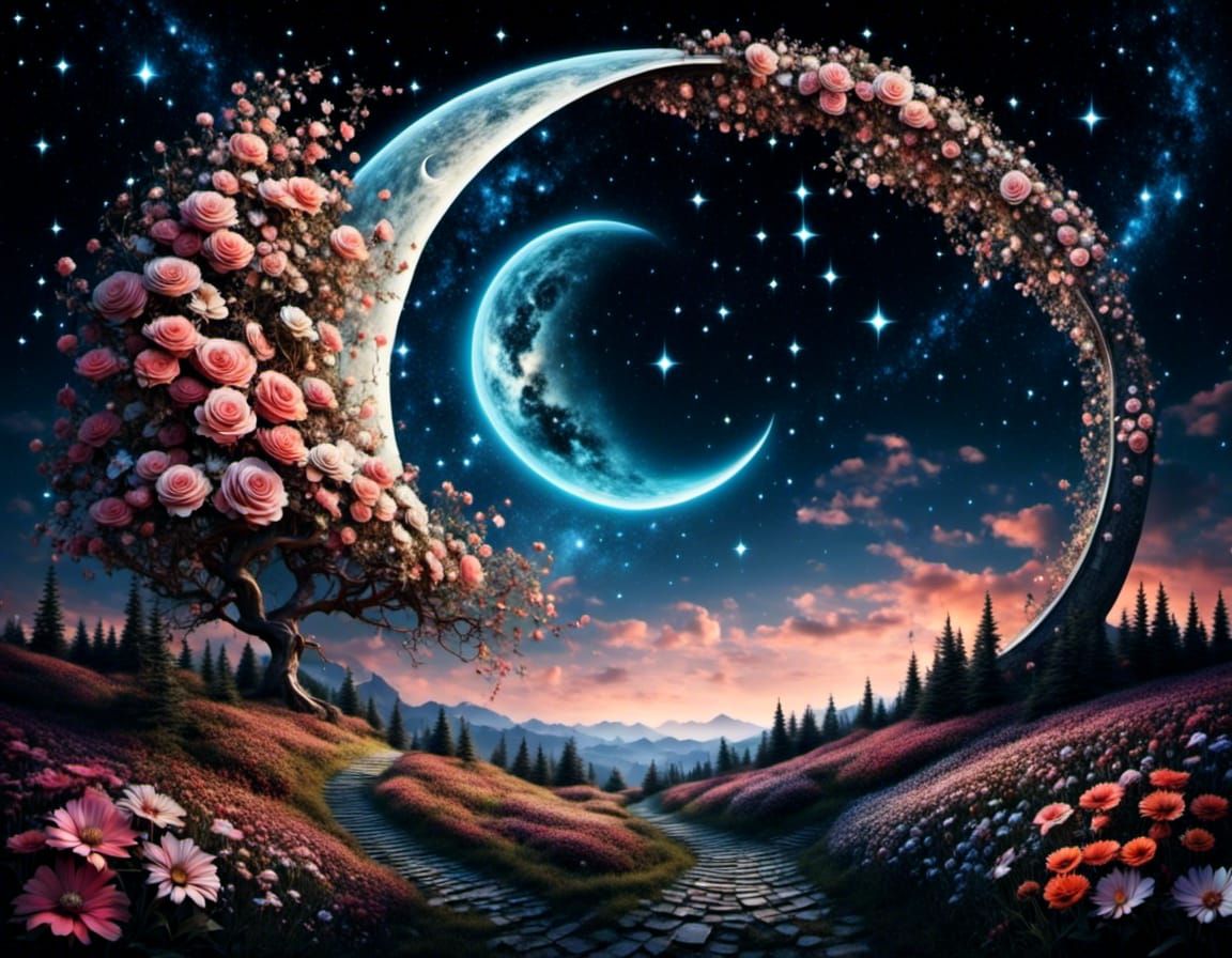 Floral Crescent Moon in Glitchcore Psychedelic Style