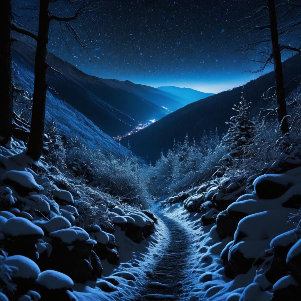 Snowy Mountain Path at Night in a Blizzard