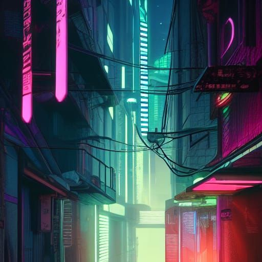 Cyberpunk Alleyway at Night in Neon Moonlight