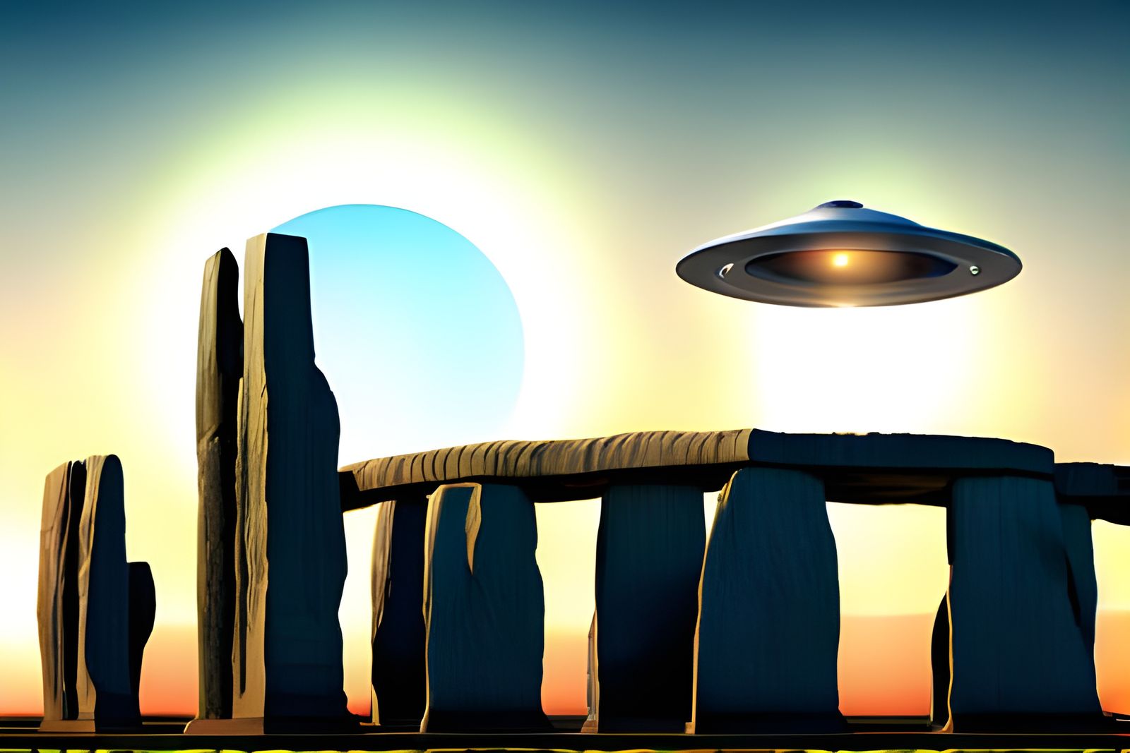 Hyperrealistic UFO Over Stonehenge in Sharp Focus