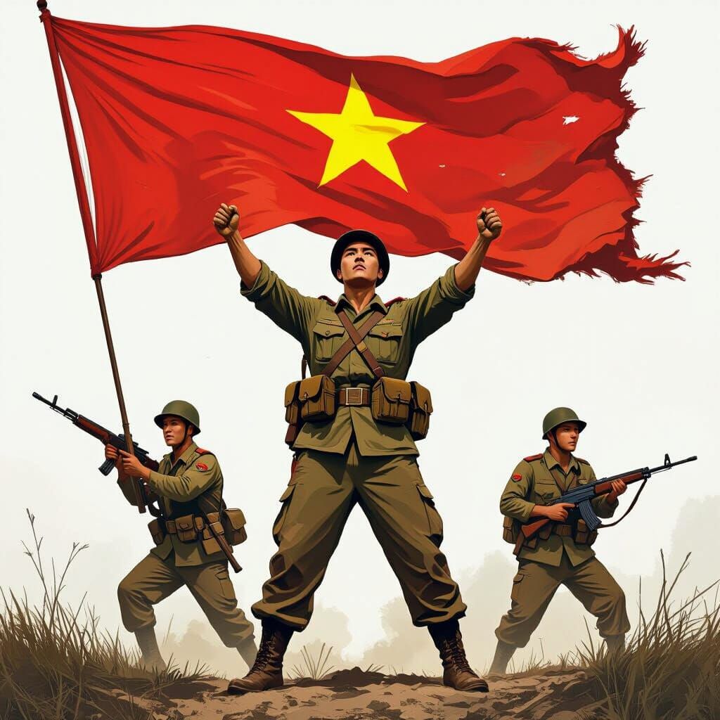 Heroic Vietnamese Soldiers on Battlefield, Realistic Style