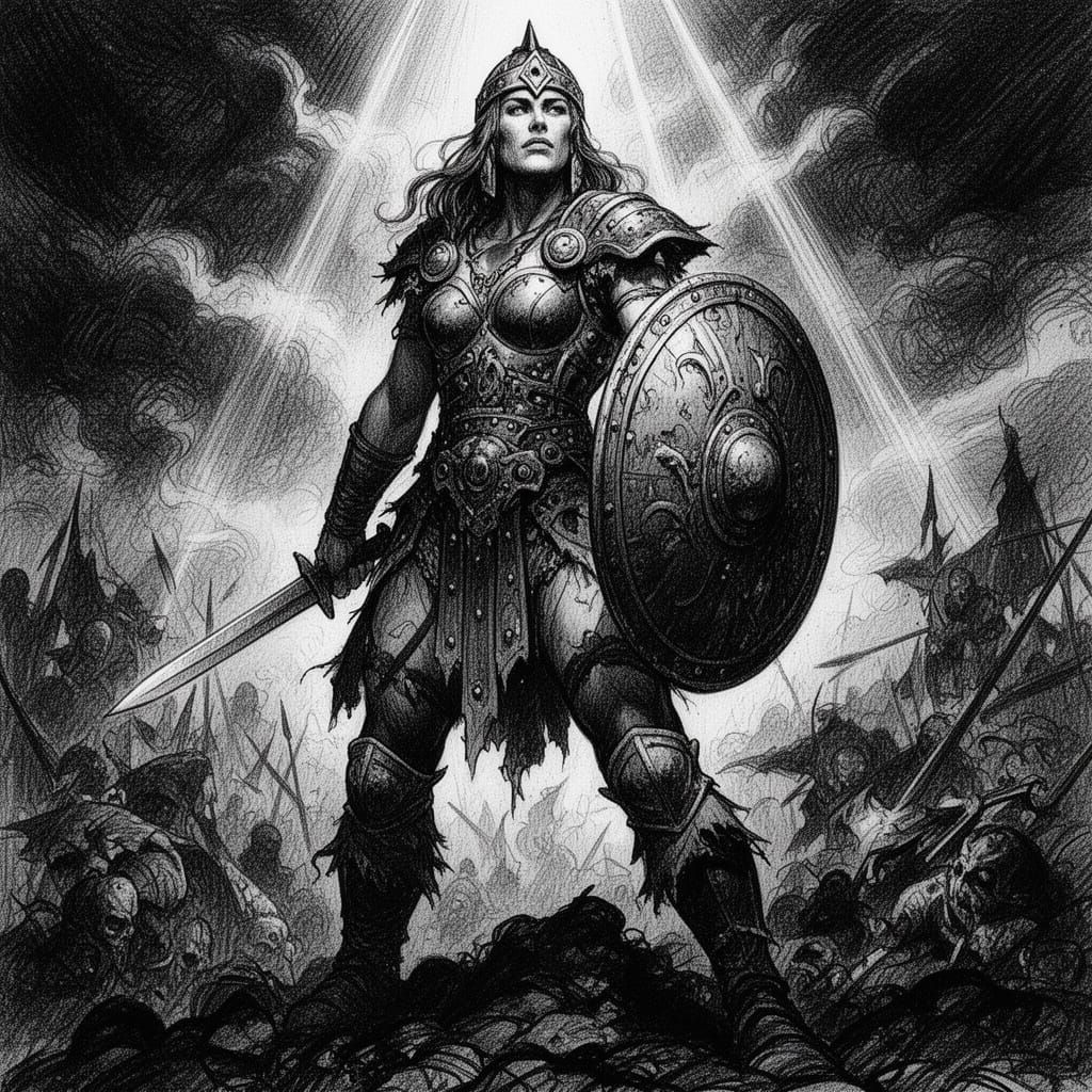 Revered Shield Maiden in High Contrast Black and White Sketc...