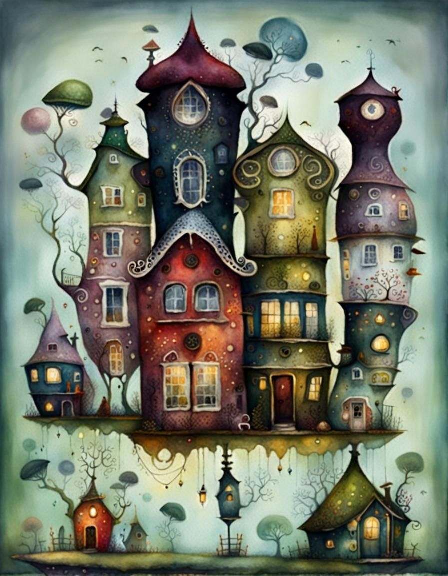 Whimsical Homes with Eccentric People in Watercolor