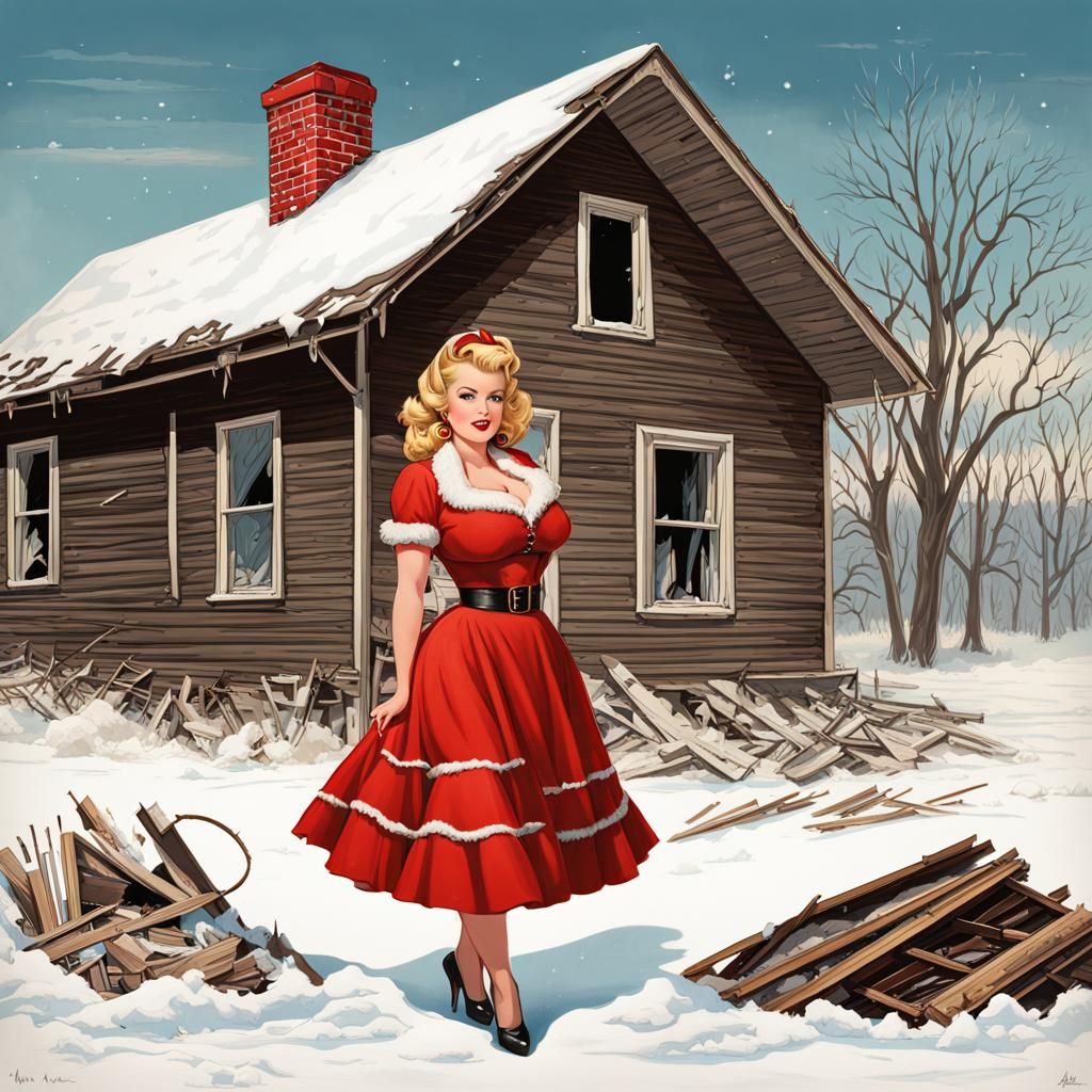 Curvy Pinup Girl in Burning Snowy Field