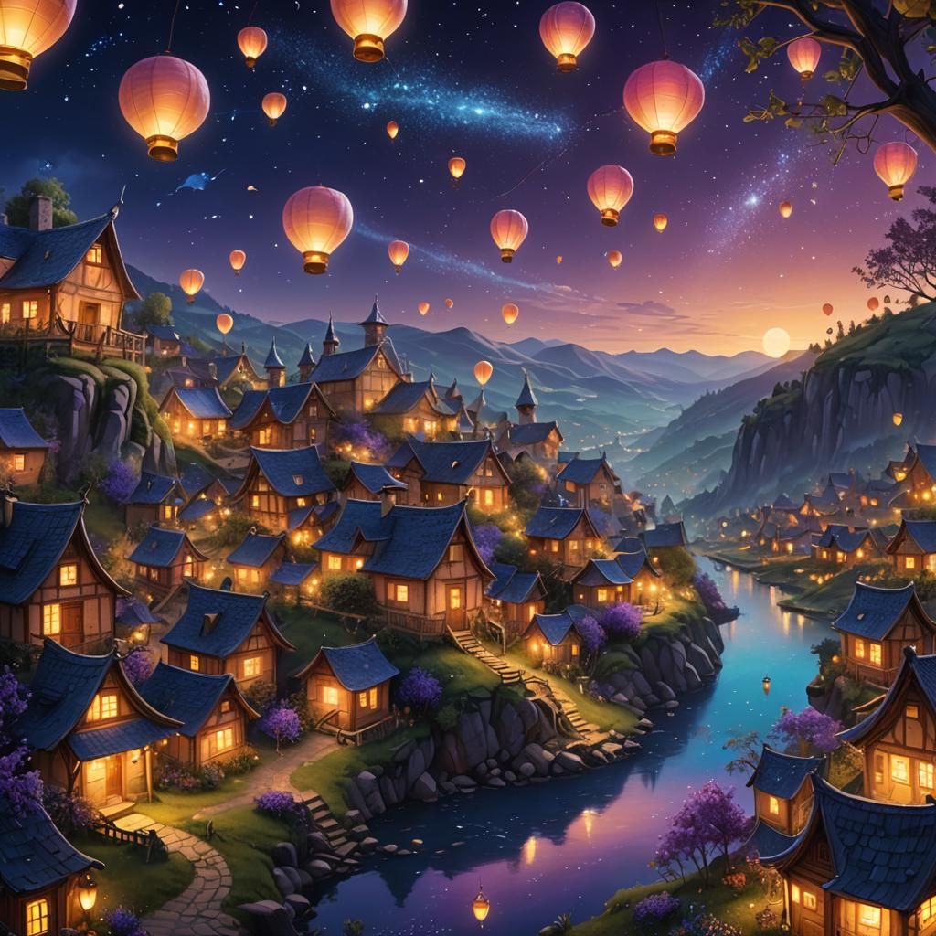 Dreamlike Village at Dusk Under Starry Sky