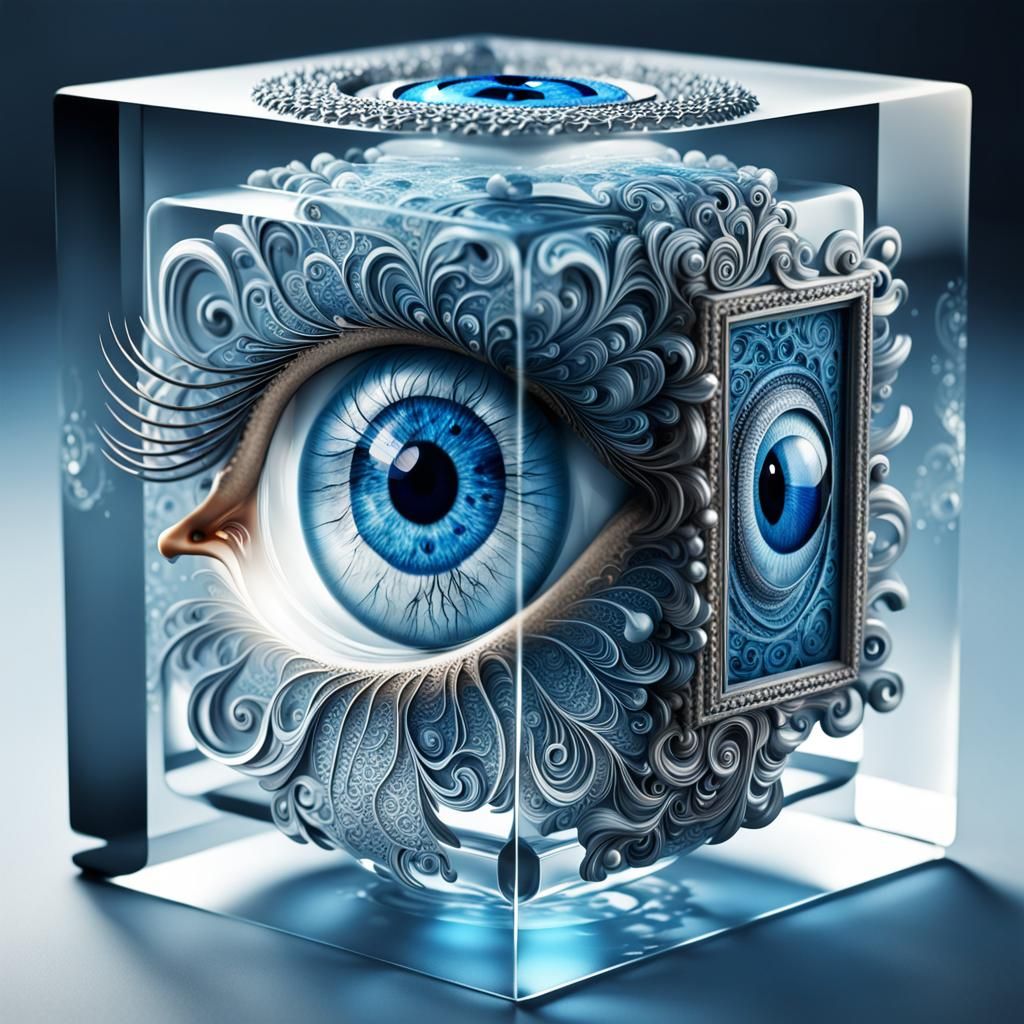 Surreal 3D Glass Cube with Ornate Blue Eye
