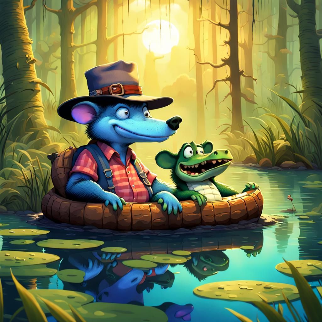 Possum and Alligator Lounging in Swamp: 3D Render