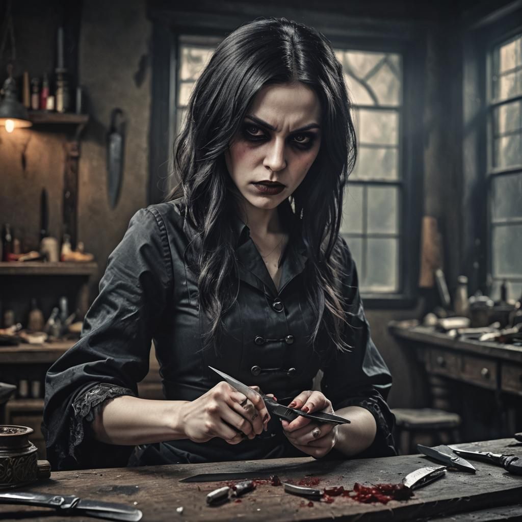 Hyperrealistic Vampiric Emo Woman Sharpening a Knife