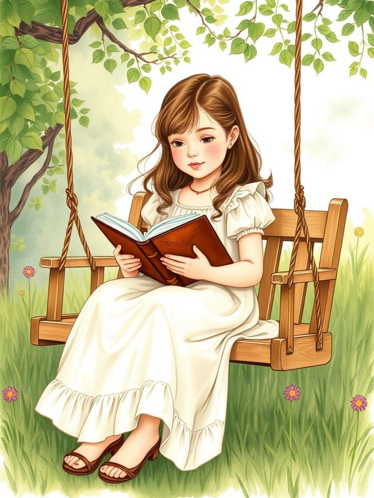 Girl Reading Book on Swing in Pastel Drawing