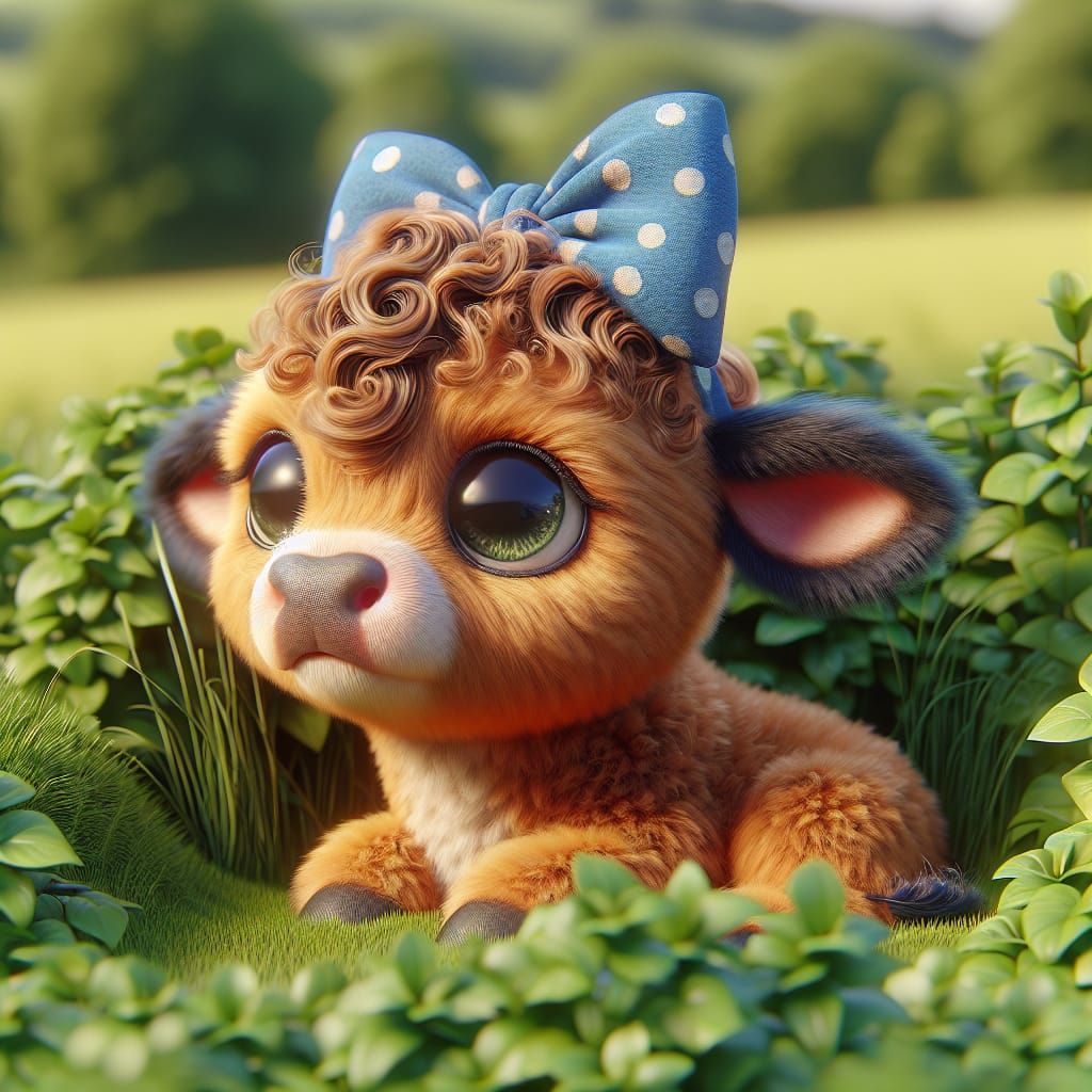 A Disney Pixar style 3D cute baby cow with curly fur, large ...