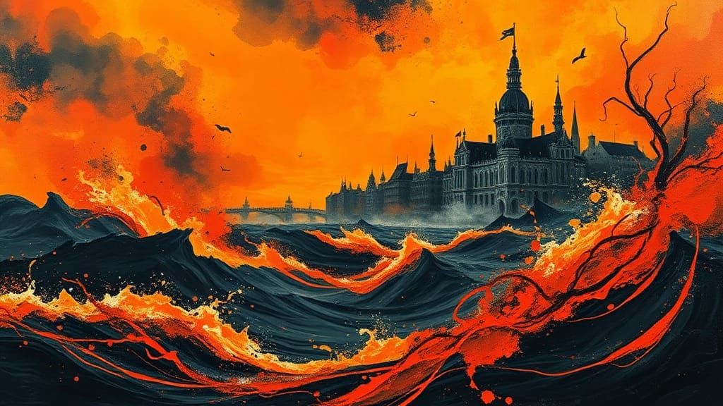 Turbulent Seascape in Orange and Black, Impasto Style