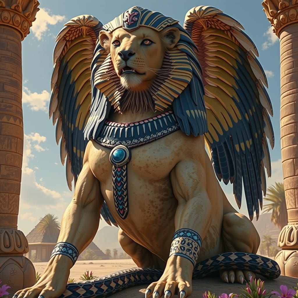 Surreal Hyper-Realistic Sphinx with Lioness Body and Serpent...