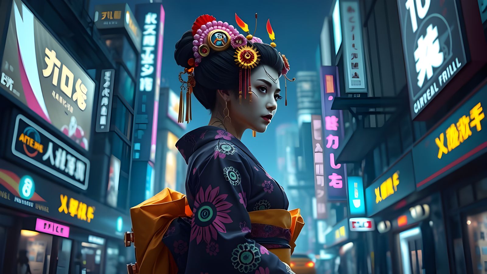 Cyberpunk Geisha Portrait in Detailed Matte Painting Style