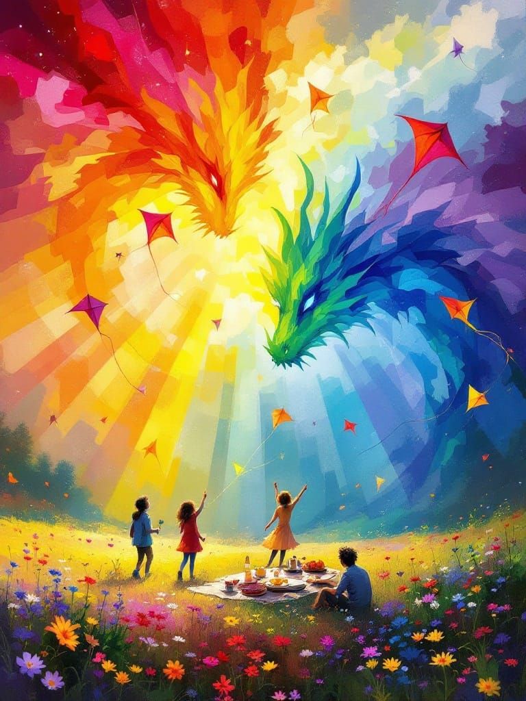 Vibrant Rainbow Dragon Kites Soar in a Sunny Meadow