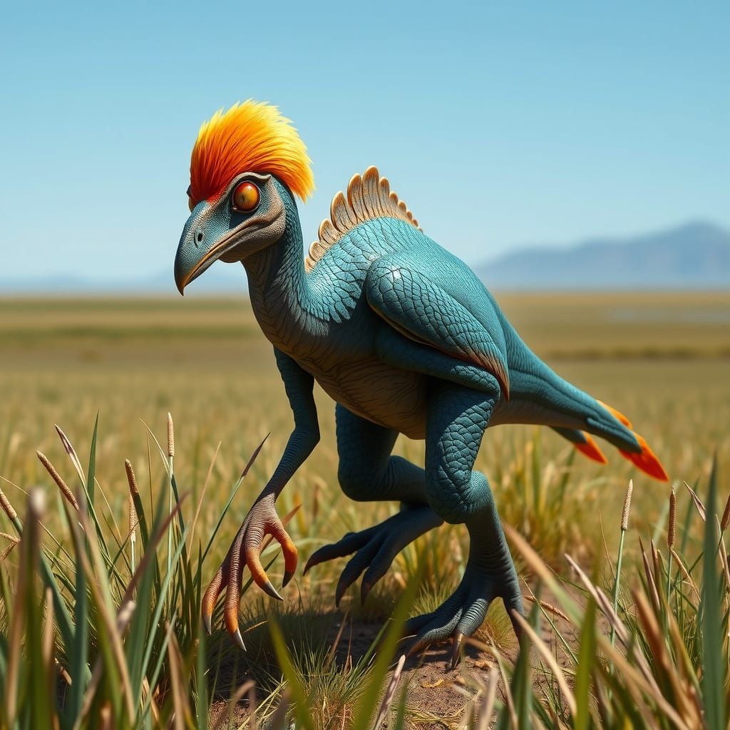 Photorealistic picture of a dinosaur. A majestic, feathered Deinonychus with iridescent blue plumage stalks through the ...