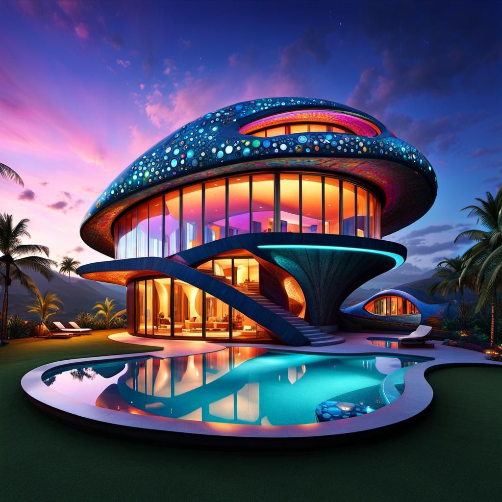 Futuristic Snail House Architecture in Psychedelic Art Style