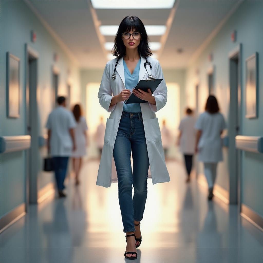 Elegant Doctor in Luminous Hospital Corridor, Painterly Styl...